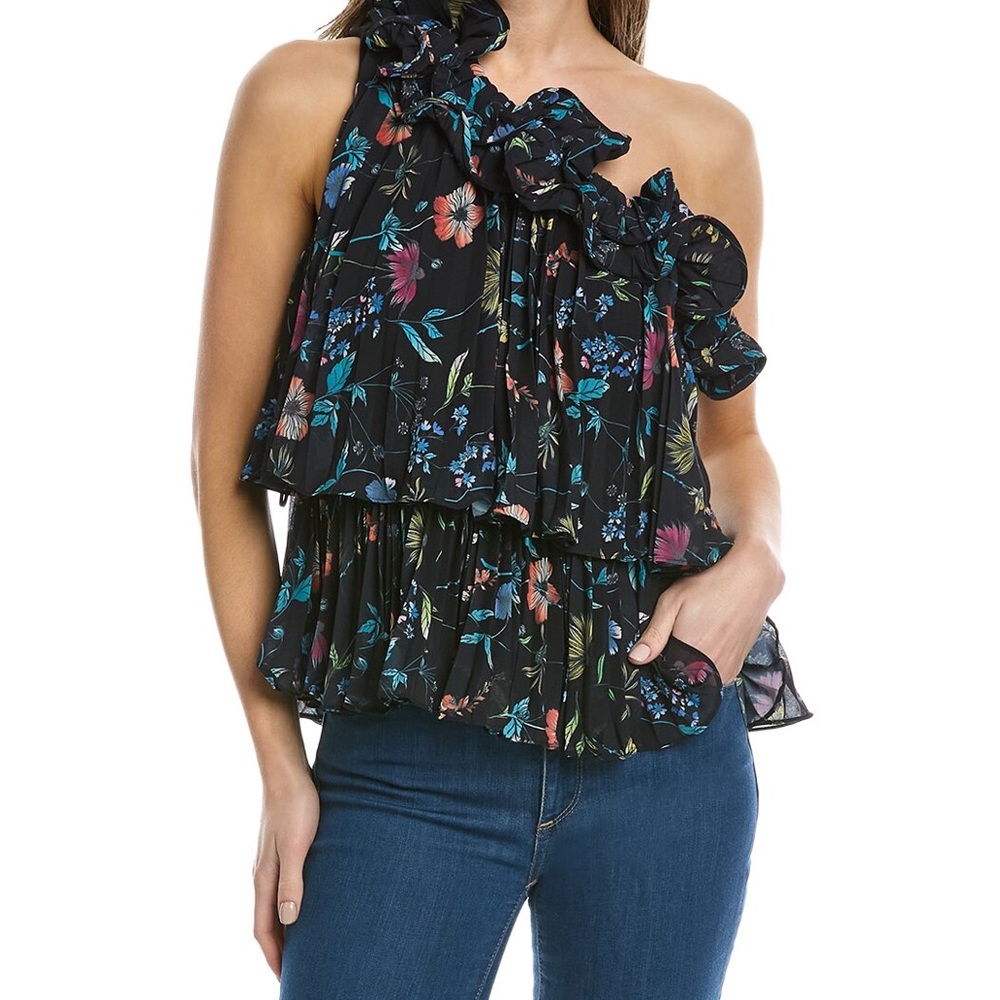 Isador asymmetrical ruffle top in black dreamy wildflower